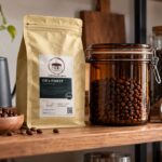 Caffeine Brothers CB’s Finest stand-up pouch beside an airtight jar of roasted coffee beans