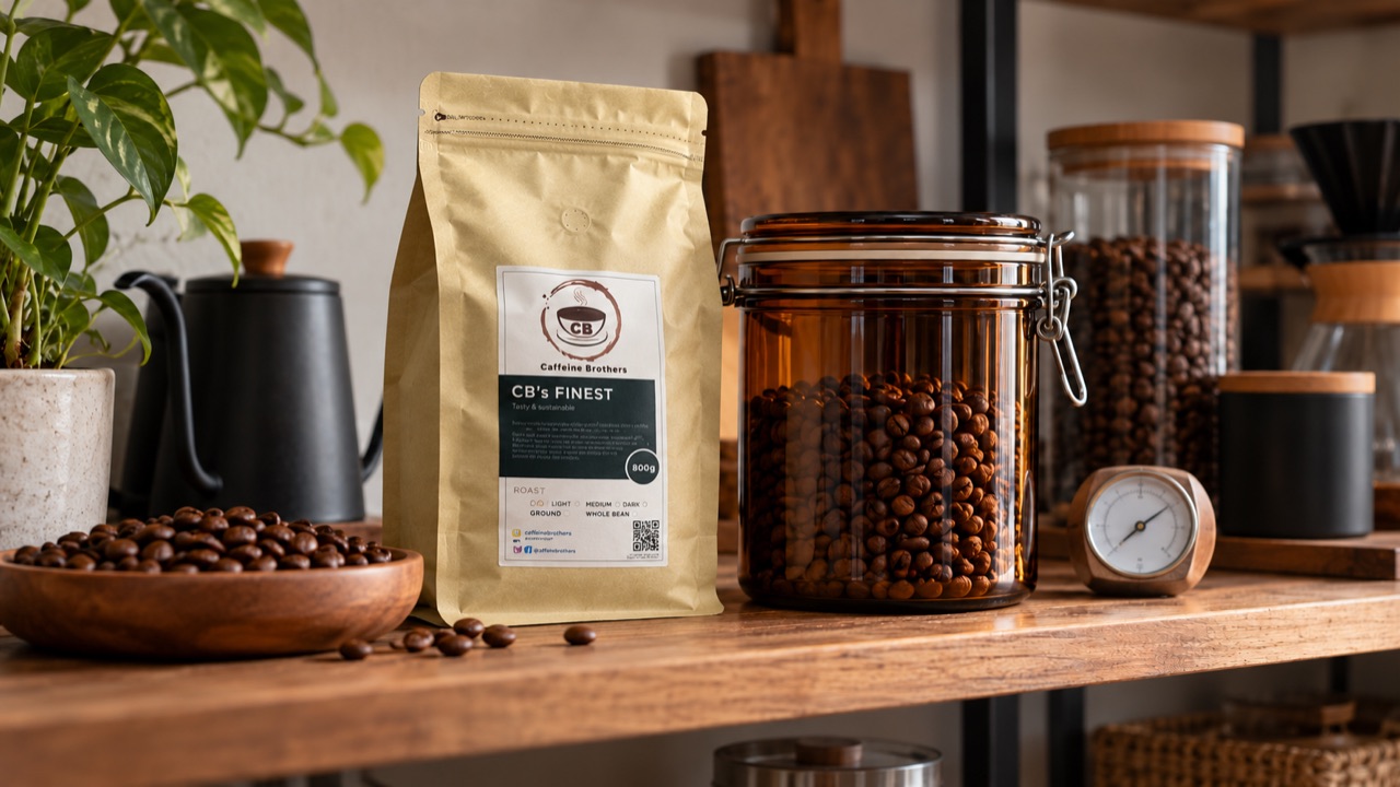 Caffeine Brothers CB’s Finest stand-up pouch beside an airtight jar of roasted coffee beans