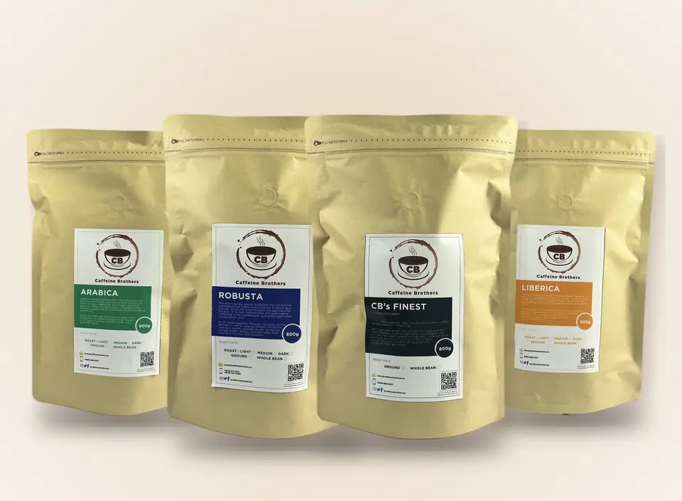Caffeine Brothers Arabica, Robusta, CB's Finest and Liberica coffee bags