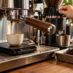 Espresso shot pulled over a scale beside a grinder and discarded espresso pucks