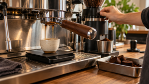 Espresso shot pulled over a scale beside a grinder and discarded espresso pucks