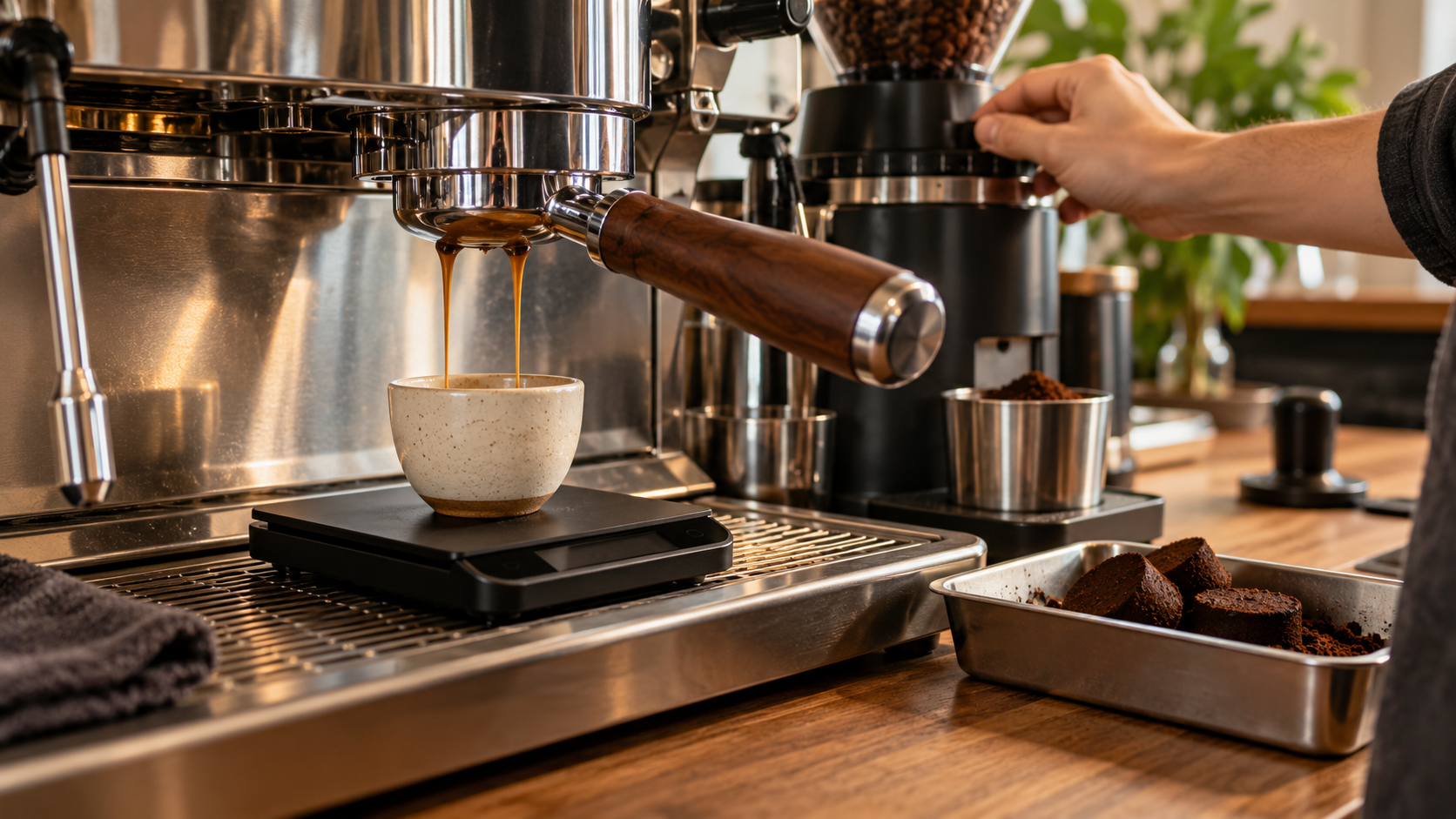 Espresso shot pulled over a scale beside a grinder and discarded espresso pucks
