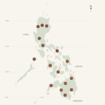 Philippine coffee-growing regions locator map with markers 1–16 corresponding to the historical production table below.