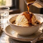 Affogato recipe with hot espresso poured over vanilla gelato
