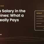 Caffeine Brothers featured image: Barista Salary in the Philippines, what a café really pays, with a line drawing of a payslip, a coin stack and a coffee cup.