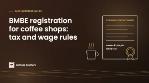 Line drawing of a BMBE Certificate of Authority noting assets up to ₱3,000,000 and two-year validity, next to a coffee cup