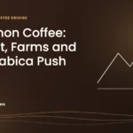 Caffeine Brothers graphic titled Bukidnon Coffee: Output, Farms and the Arabica Push, with line art of mountains, small bars and a coffee bean.