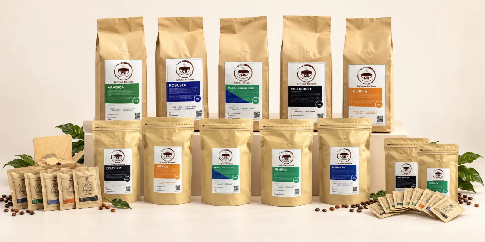 Caffeine Brothers coffee lineup: Arabica, Robusta, Arabica-Robusta Blend, CB's Finest and Liberica (Kapeng Barako) in 1 kg, 400 g and 200 g kraft bags, plus drip coffee bags