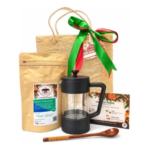 The Christmas Brew Starter: 350 ml French press, 200 g Arabica-Robusta Blend, French press brewing guide card, wooden spoon and abaca gift bag