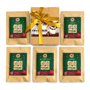 The Christmas Coffee Break gift set: CB’s Singles gift box with Mocha, Vanilla, Hazelnut, Butterscotch and Caramel drip bags