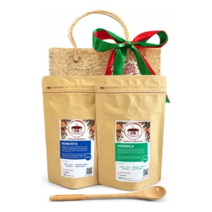 The Christmas Coffee Duo: 200 g Robusta and 200 g Arabica pouches, wooden coffee spoon and abaca gift bag with Christmas ribbon