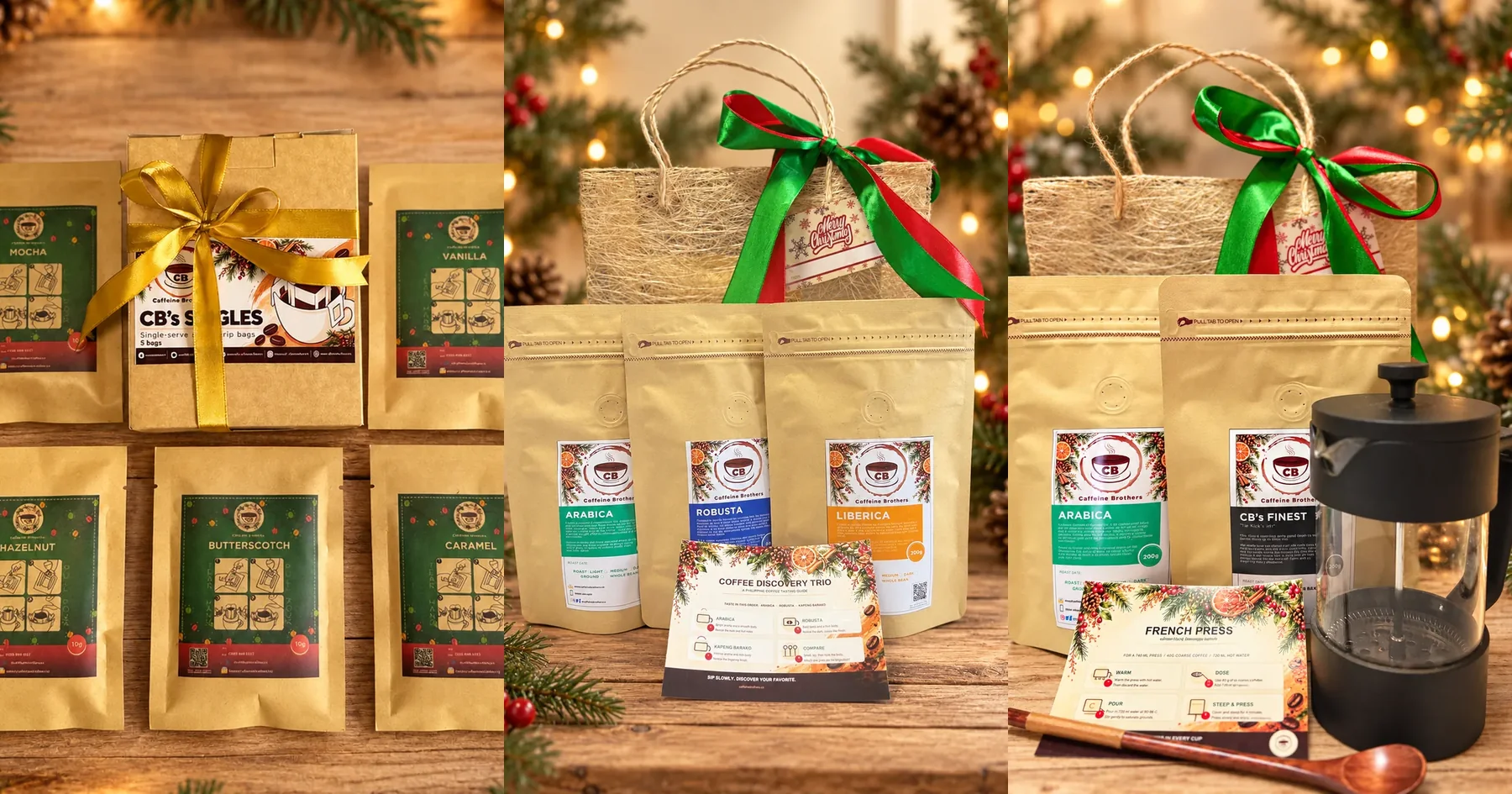 Caffeine Brothers Christmas coffee gift sets 2026: flavoured drip bag box, Philippine coffee trio and French press gift set