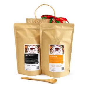 The Christmas Coffee Partners: 400 g CB’s Finest and 400 g Liberica (Kapeng Barako) pouches with a wooden spoon and abaca gift bag