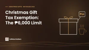 Caffeine Brothers graphic: Christmas Gift Tax Exemption, The ₱6,000 Limit, with a gift box and coffee cup.