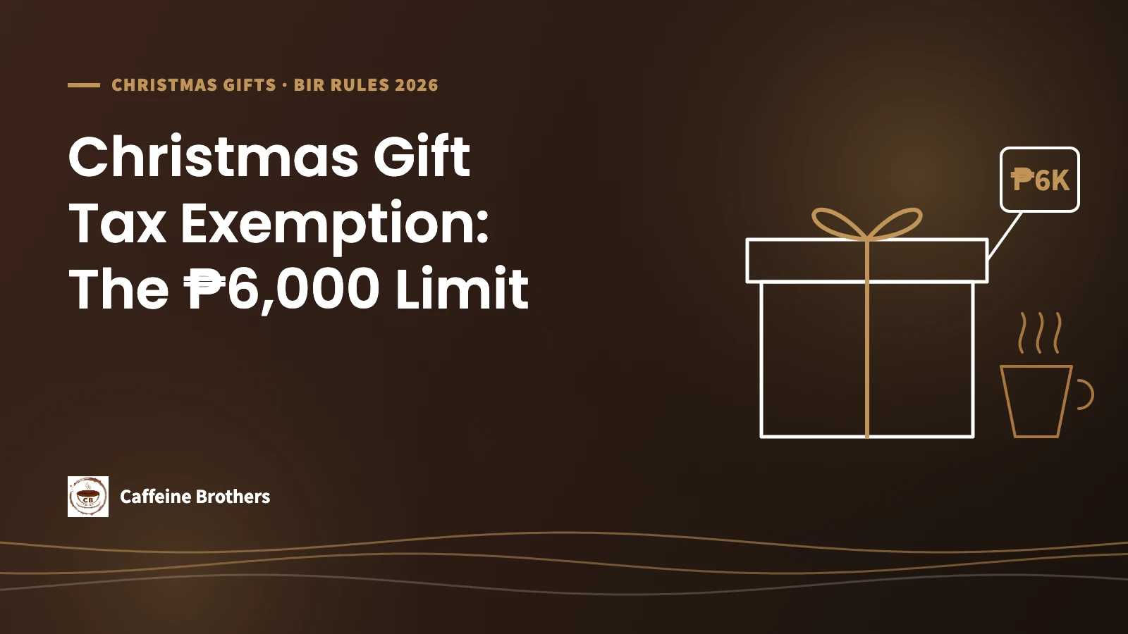 Caffeine Brothers graphic: Christmas Gift Tax Exemption, The ₱6,000 Limit, with a gift box and coffee cup.