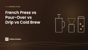 Featured image: French Press vs Pour-Over vs Drip vs Cold Brew, with line drawings of a French press, a pour-over cone and a cold brew jar.