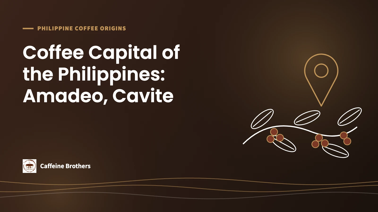Caffeine Brothers featured image: Coffee Capital of the Philippines: Amadeo, Cavite, with a map pin above a coffee branch with red cherries