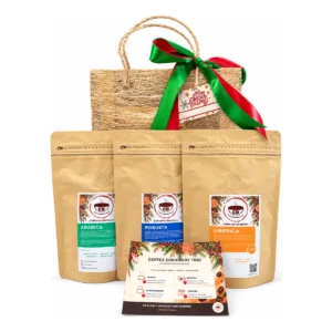 The Coffee Discovery Trio: 200 g Arabica, Robusta and Liberica (Kapeng Barako) pouches with a tasting guide card and abaca gift bag