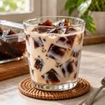 Coffee jelly cubes served with chilled milk in a glass