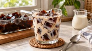 Coffee jelly cubes served with chilled milk in a glass