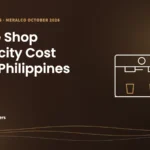 Caffeine Brothers graphic: Coffee Shop Electricity Cost in the Philippines, with an espresso machine, a lightning bolt and a kWh tag.