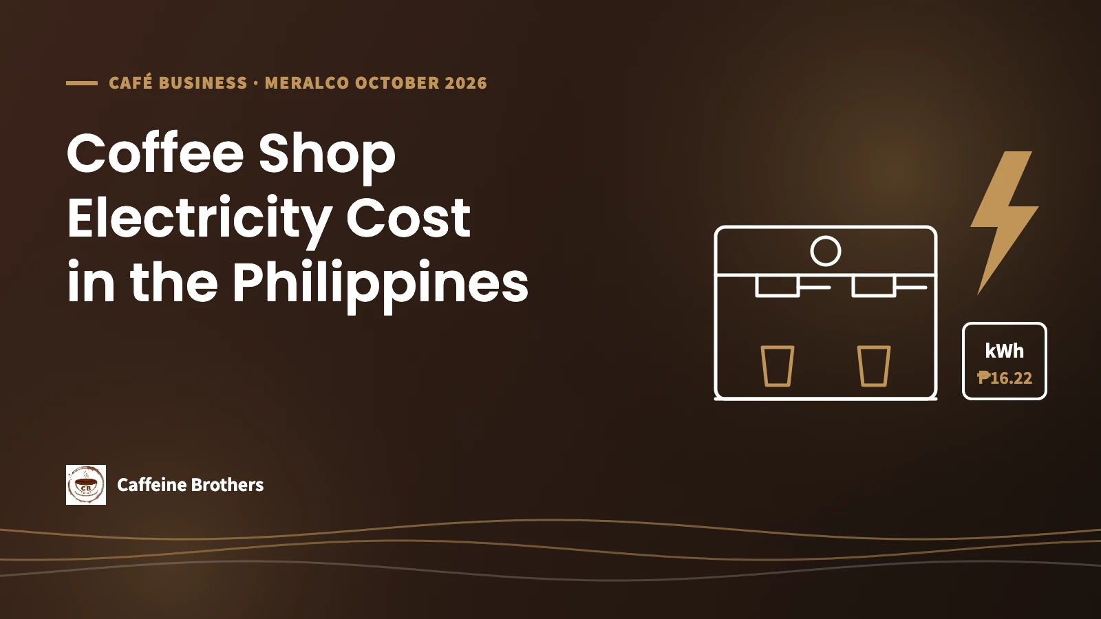 Caffeine Brothers graphic: Coffee Shop Electricity Cost in the Philippines, with an espresso machine, a lightning bolt and a kWh tag.