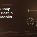 Caffeine Brothers featured image: Coffee Shop Water Cost in Metro Manila, with a line drawing of a tap, water meter and coffee cup