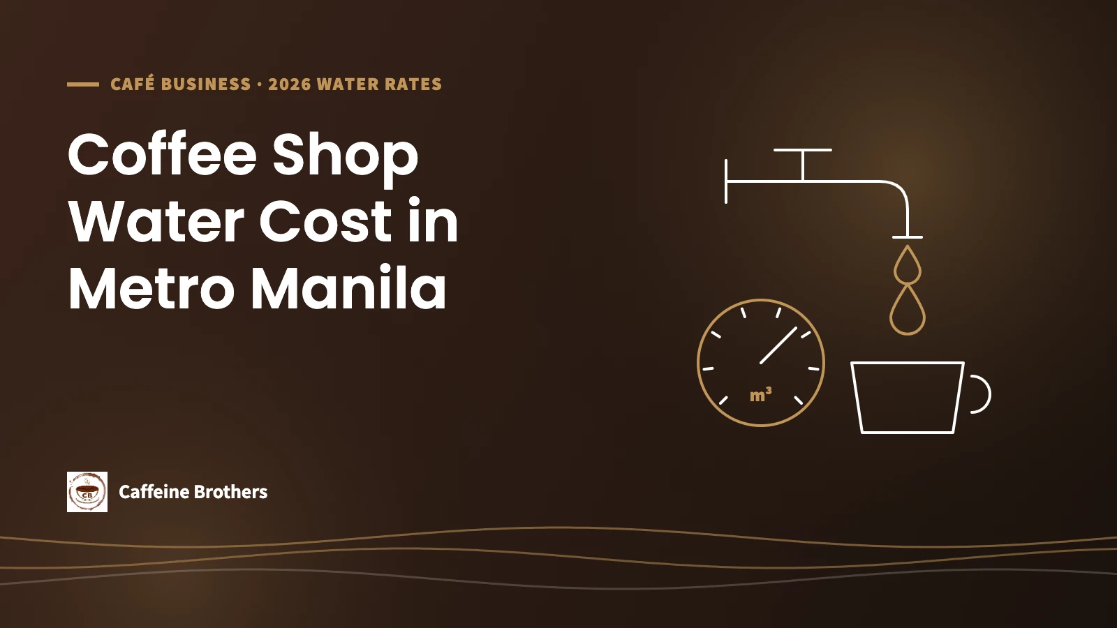 Caffeine Brothers featured image: Coffee Shop Water Cost in Metro Manila, with a line drawing of a tap, water meter and coffee cup