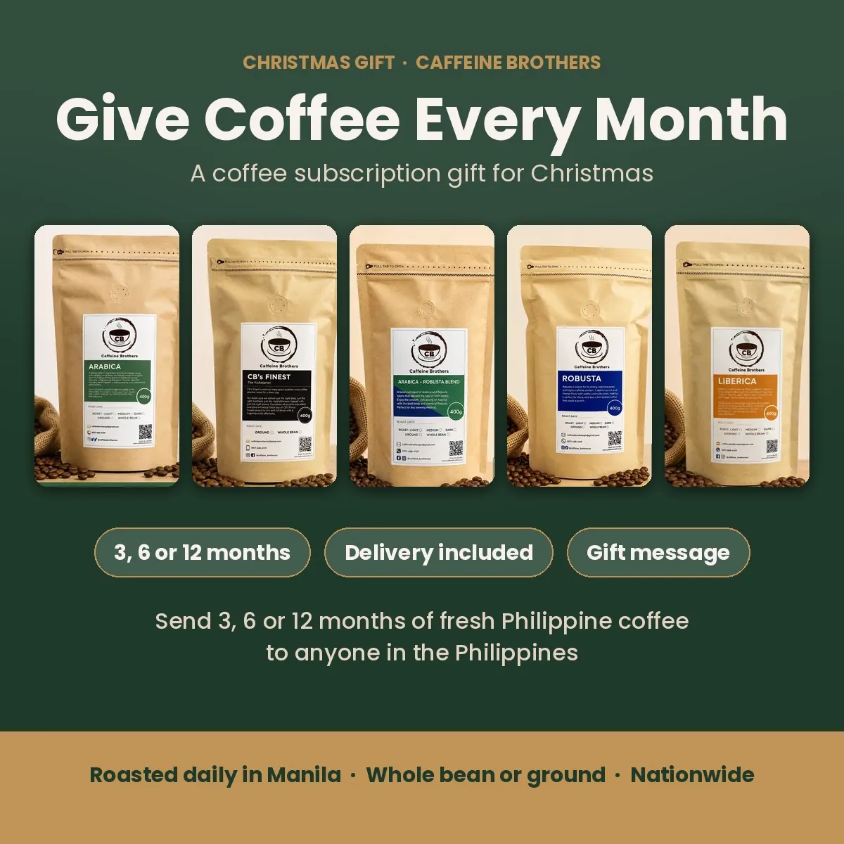 Coffee subscription gift from Caffeine Brothers: five 400 g bags of Philippine coffee