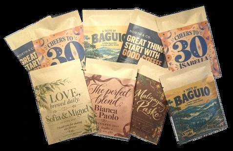 Personalized coffee drip bag giveaways printed directly on the pouch by Caffeine Brothers