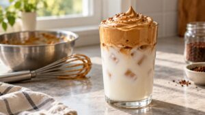 Dalgona coffee recipe: whipped coffee foam over a glass of milk