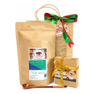 The Everyday Coffee Lover: 400 g Arabica-Robusta Blend pouch, CB’s Singles drip bag box, wooden spoon and abaca gift bag