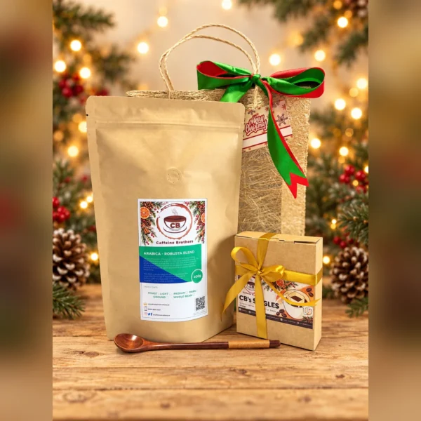 400 g Arabica-Robusta Blend pouch with a drip bag gift box, wooden spoon and abaca bag on a Christmas table
