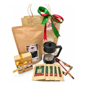 The Holiday Coffee Experience gift set: 400 g CB’s Finest, 5 flavoured drip bags, 350 ml French press, wooden spoon, brewing guide and abaca gift bag
