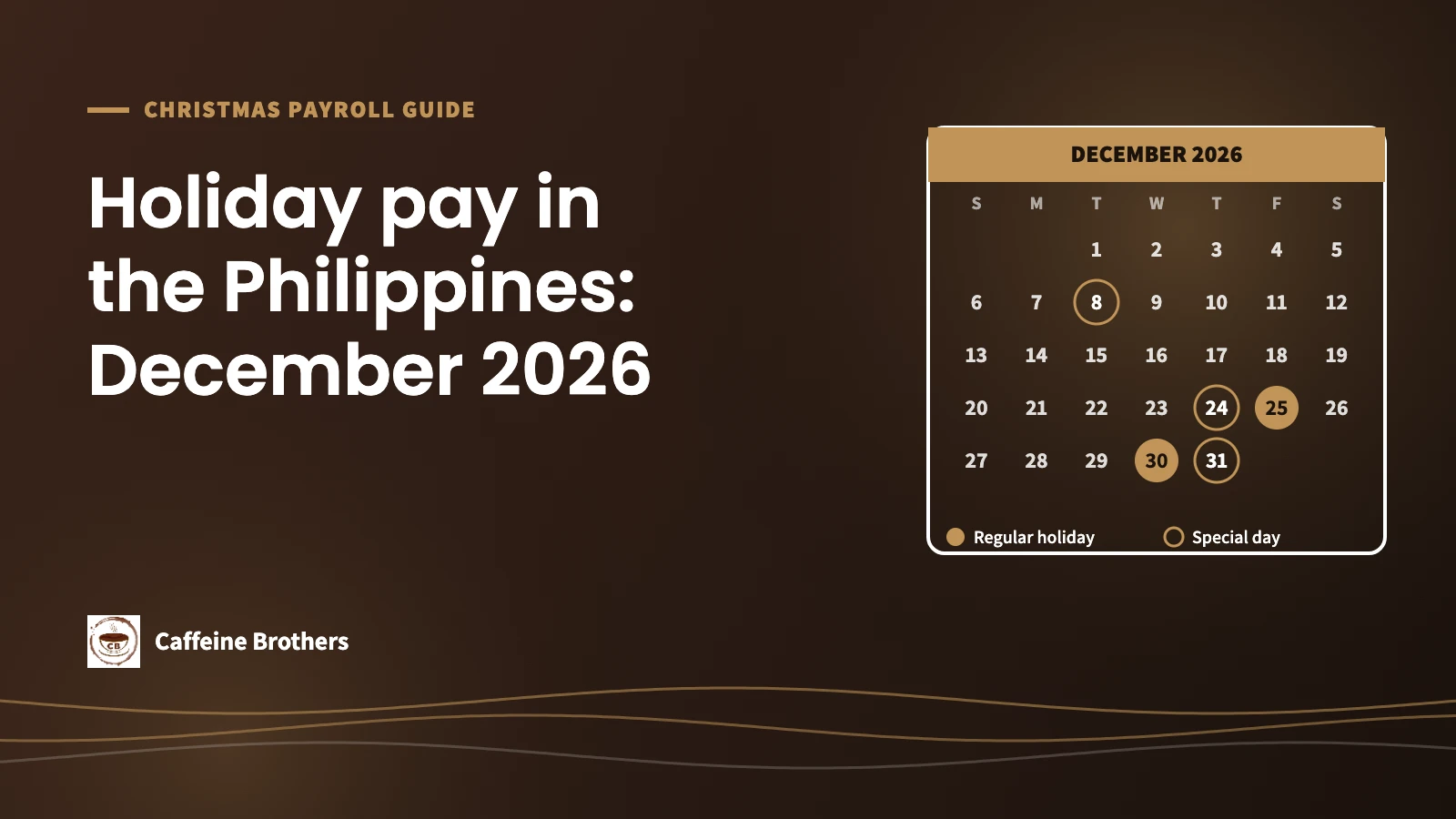 December 2026 calendar marking regular holidays on December 25 and 30 and special non-working days on December 8, 24 and 31