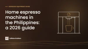 Line drawing of a home espresso machine pouring into a cup, with the title Home espresso machines in the Philippines: a 2026 guide