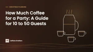 Caffeine Brothers featured image: How Much Coffee for a Party, a guide for 10 to 50 guests, with a line drawing of a coffee carafe and three cups.