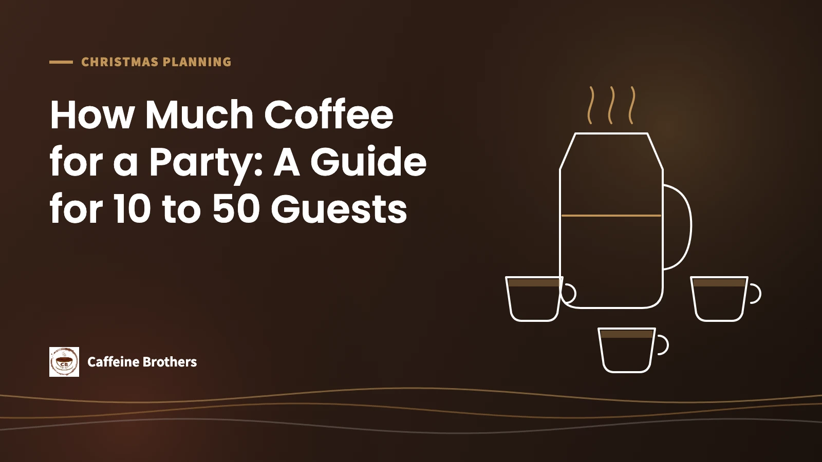 Caffeine Brothers featured image: How Much Coffee for a Party, a guide for 10 to 50 guests, with a line drawing of a coffee carafe and three cups.