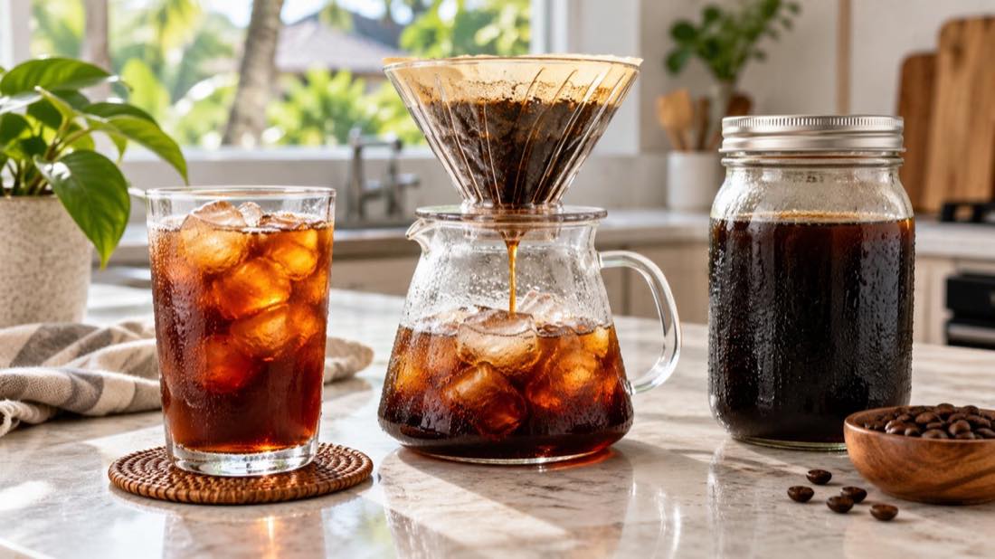 Three iced coffee methods: hot brew, flash brew and cold brew