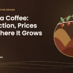 Caffeine Brothers featured image: Kalinga Coffee: Production, Prices and Where It Grows, with Cordillera mountain ridges in a circle under a coffee branch with red cherries.