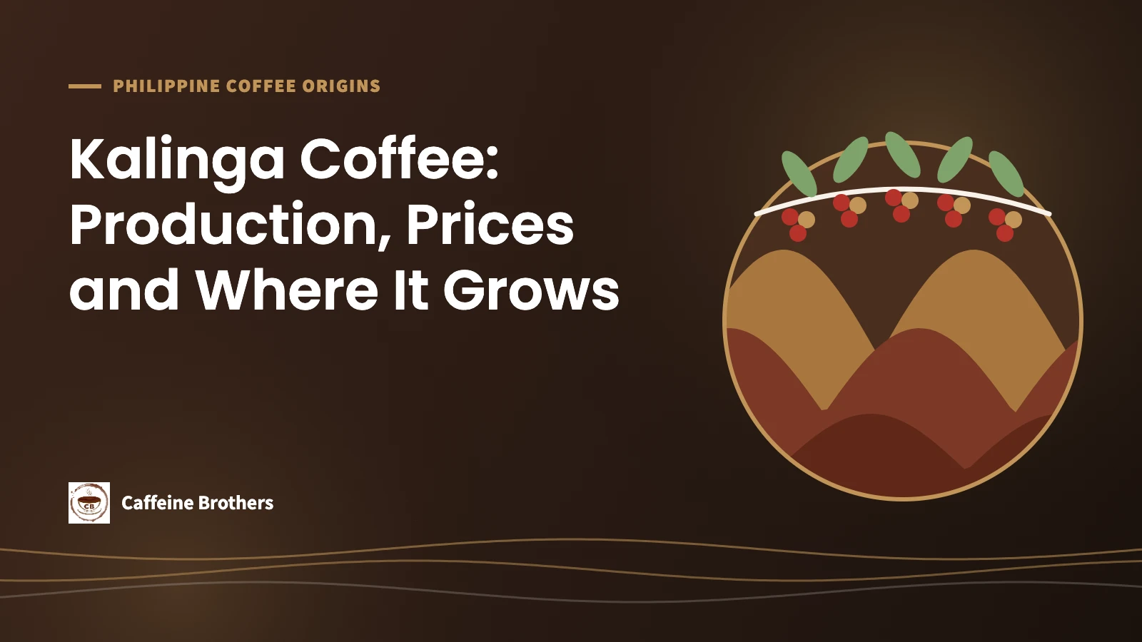 Caffeine Brothers featured image: Kalinga Coffee: Production, Prices and Where It Grows, with Cordillera mountain ridges in a circle under a coffee branch with red cherries.