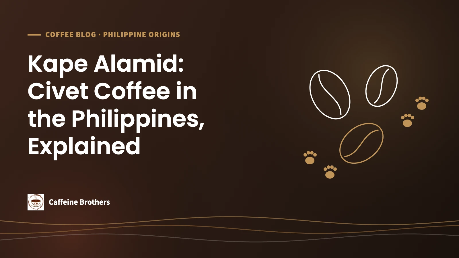 Caffeine Brothers featured image: Kape Alamid: Civet Coffee in the Philippines, Explained, with line drawings of coffee beans and civet paw prints