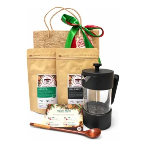 The Morning Ritual Christmas coffee gift set: 350 ml French press, 200 g Arabica, 200 g CB’s Finest, wooden spoon, brewing guide and abaca gift bag