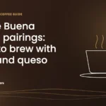 Caffeine Brothers graphic: Noche Buena coffee pairings, what to brew with ham and queso, with a coffee cup and parol star