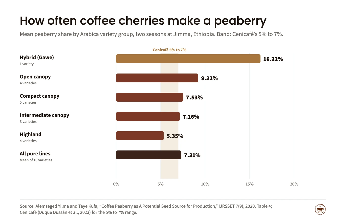 Bar chart of mean peaberry share by Arabica variety group at Jimma, Ethiopia over two cropping seasons: hybrid (Gawe) 16.22%, open canopy 9.22%, compact canopy 7.53%, intermediate canopy 7.16%, highland 5.35%; all pure lines 7.31%. Cenicafé’s range for the general harvest is 5% to 7%.