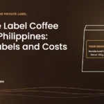 Featured image: Private Label Coffee in the Philippines: FDA, Labels and Costs, with line art of a coffee bag labelled Your Brand and a checklist.