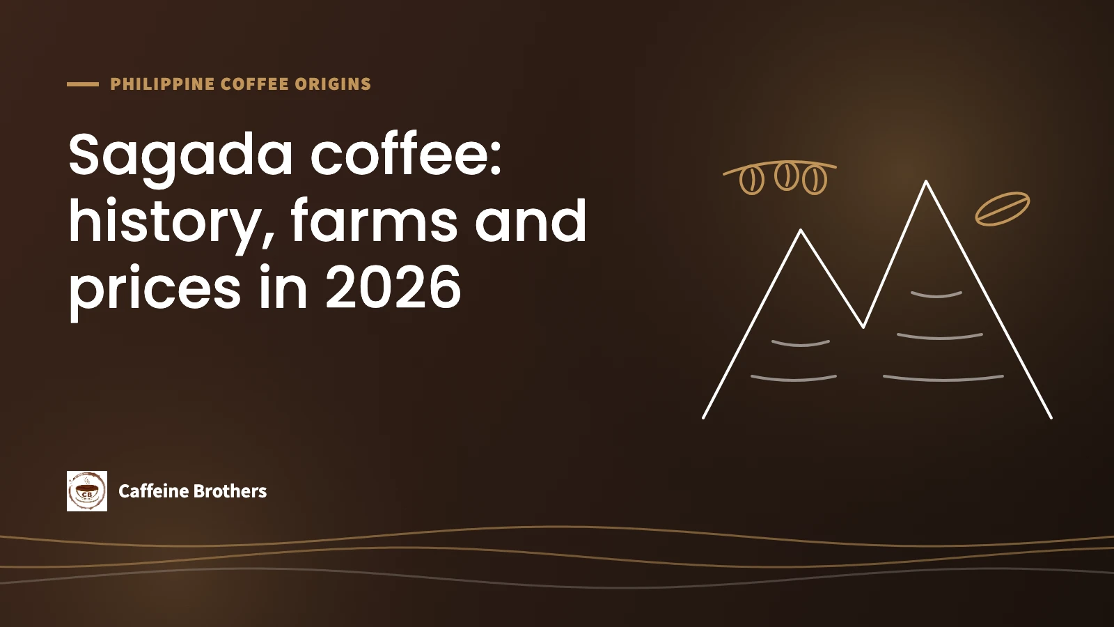 Line drawing of terraced mountains with coffee cherries and a coffee bean, with the title Sagada coffee: history, farms and prices in 2026