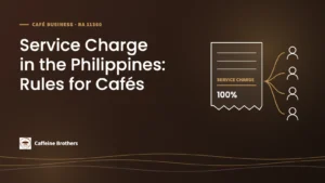 Featured graphic: a café receipt with a 100% service charge line split by arrows to four staff members