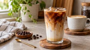 Iced and hot Spanish latte drinks on a home coffee counter