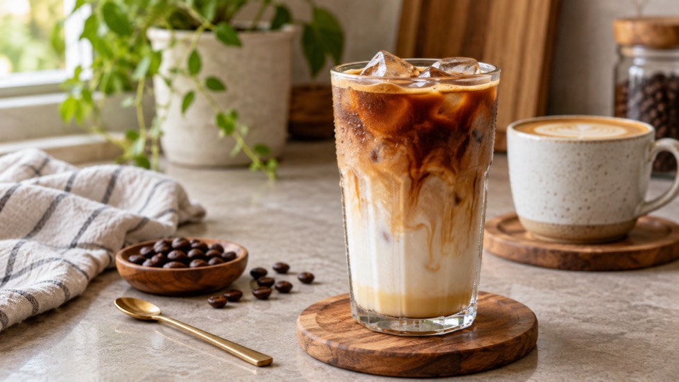 Iced and hot Spanish latte drinks on a home coffee counter
